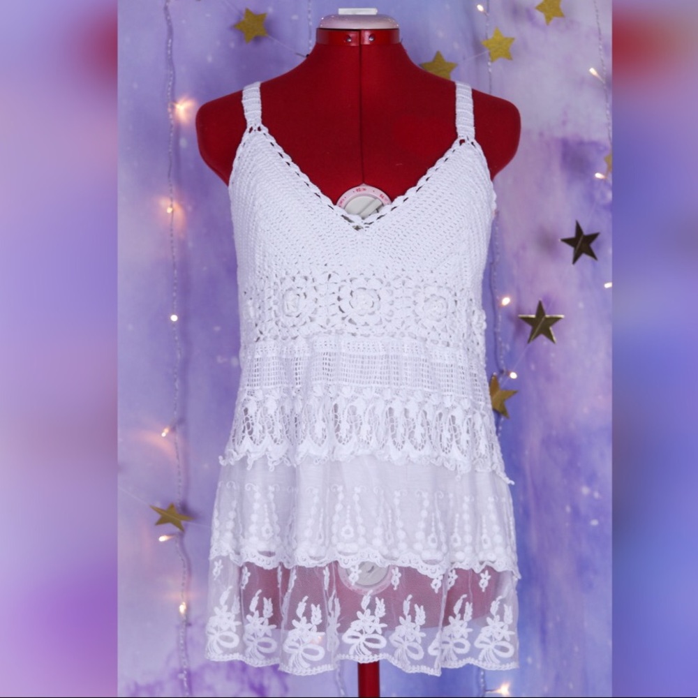 White crocheted bohemian babydoll lace tank top